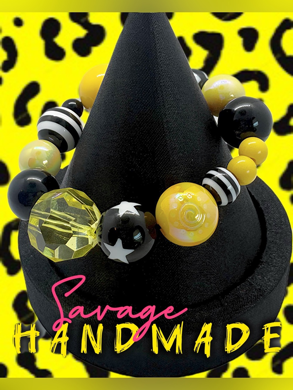 Handmade “Punk Bumblebee” Black + Yellow Chunky Beaded Stretch Bracelet